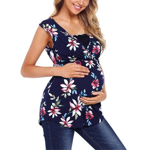 Maternity Clothings Mother Tees Blue White Floral Print T Shirt Multi-function Mother Breastfeeding T-shirt Pregnant Women Tops