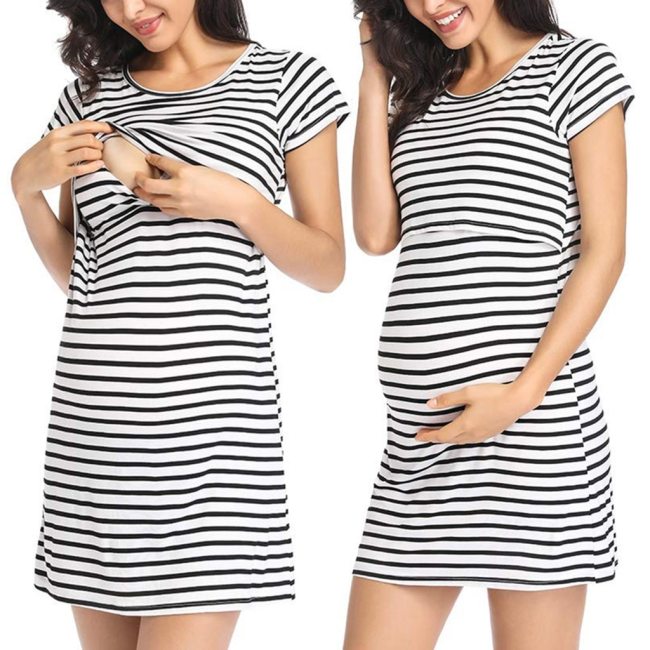 Pregnant Maternity Nursing Breastfeeding Women Summer Dress Maternity Short Sleeve Striped Print Nursing Dress Robe Femme