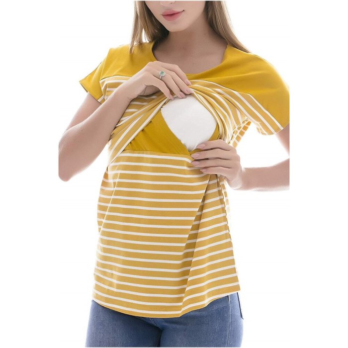 Summer new pregnant women breastfeeding short-sleeved T-shirt round neck striped cotton breastfeeding short-sleeved T-shirt