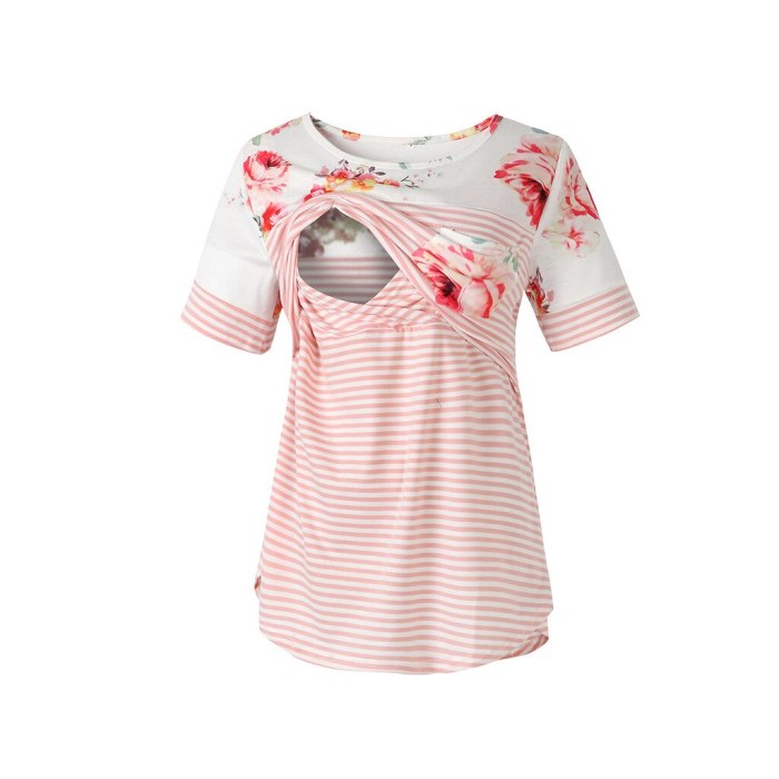 Summer Pregnant T Shirt Floral Print Striped Patchwork Maternity Clothes  Short Sleeve Breastfeeding Clothes Shirt Nursing Tops