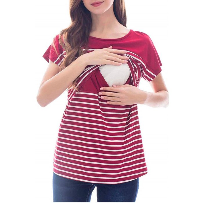 Summer new pregnant women breastfeeding short-sleeved T-shirt round neck striped cotton breastfeeding short-sleeved T-shirt