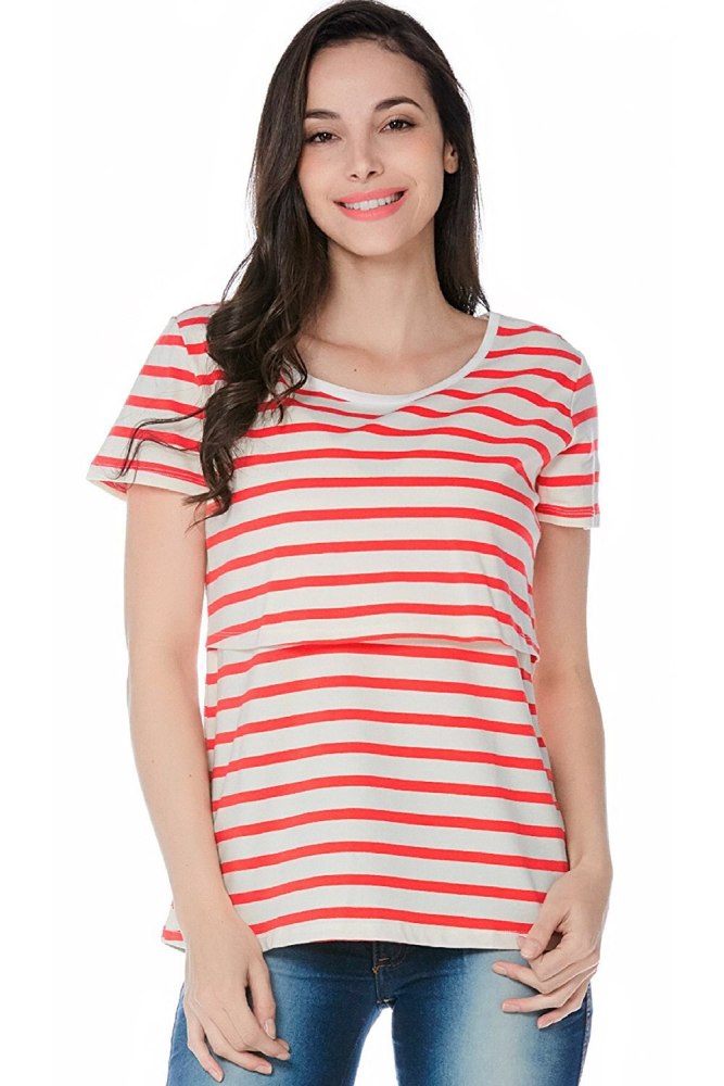2021 new hot style multifunctional pregnant women striped short-sleeved breastfeeding breastfeeding top T-shirt