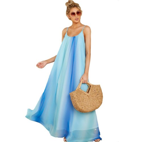 European And American Party Women's Sexy Gradient Loose Female Chiffon Sling Beach Plus Size S-2XL Dress