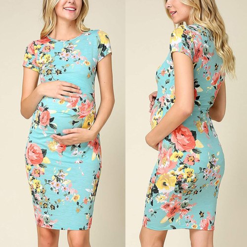 2021 New Women's Round Neck Short Sleeve Pleated Printed Maternity Dress