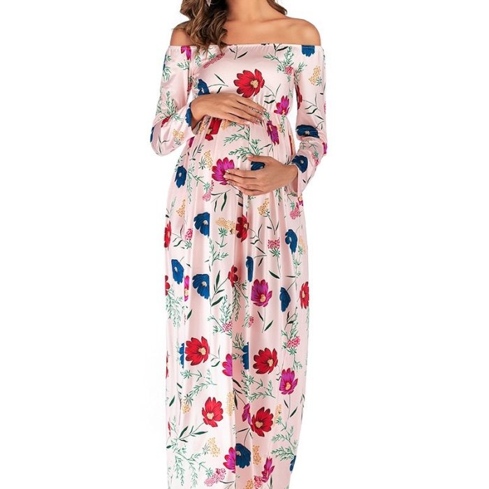 Shoulderless Women Maternity Dress Summer Floral Pregnat Outfits Bohemian Ankle Length Clothes