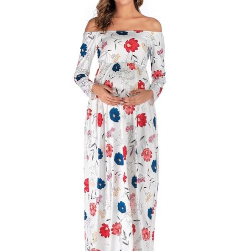 Shoulderless Women Maternity Dress Summer Floral Pregnat Outfits Bohemian Ankle Length Clothes