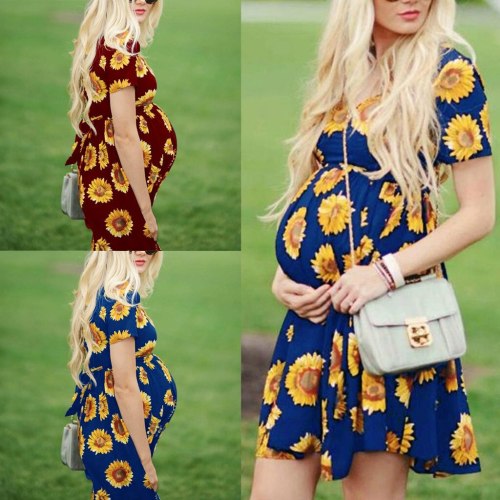 Maternity Dress Summer Casual Pregnancy Dress Short Sleeve Sunflower Pregnant Women Dress