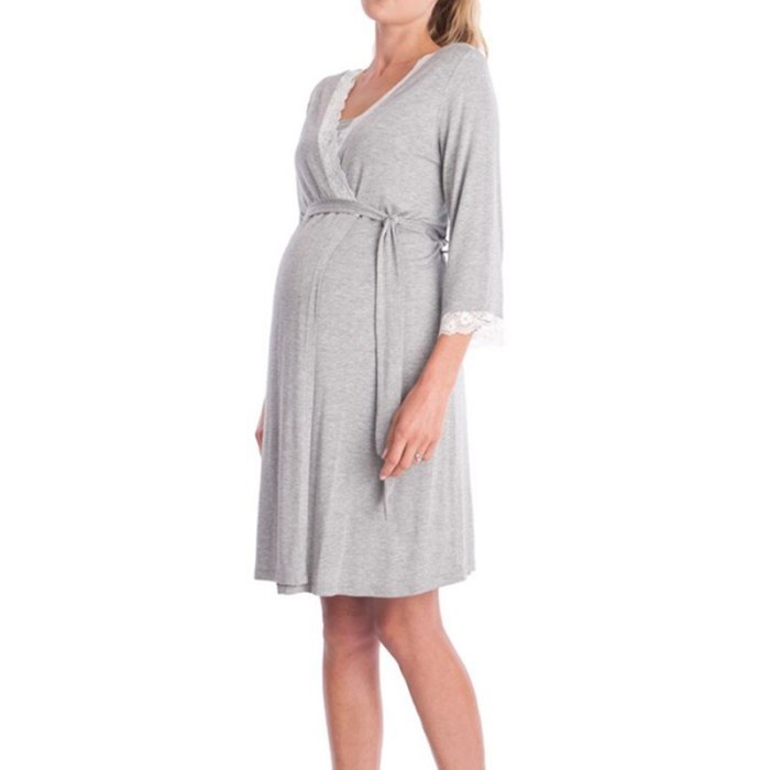 Lace Stitching Maternity DressRobe Pajamas Seven-quarter Sleeve Solid Color Sleepwear Pregnancy Cardigan Breastfeeding Nightgown