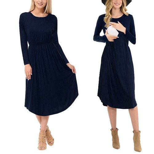 Spring and autumn new solid color nursing maternity dress long-sleeve round neck comfortable dress
