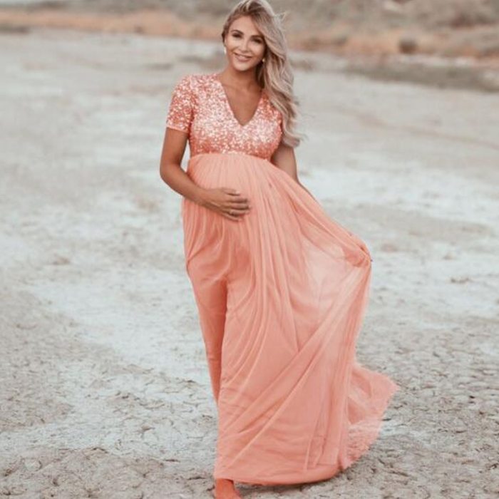 Women Pregnants maternity dresses for photo shoot Soild Color V-neck Photography Props Short Sleeve Sequined pregnancy dress