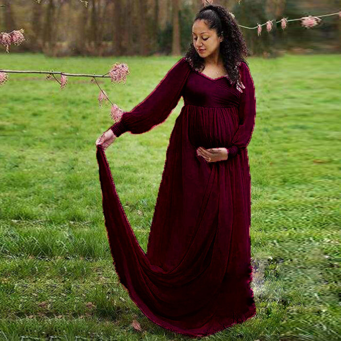 Sexy V Neck Pregnancy Dresses Photography Long Sleeve Wine Red Maxi Gown Chiffon Maternity Dresses for Photo Shoot Baby Shower