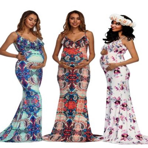 Maternity Dress Photo Shoot Maxi Maternity Gown V-necked Trailing Strap Maternity Printed Gown Sexy Maternity Photography Props