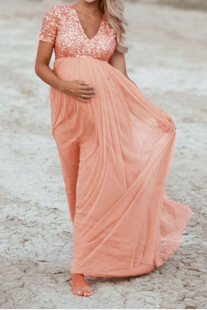 Women Pregnants maternity dresses for photo shoot Soild Color V-neck Photography Props Short Sleeve Sequined pregnancy dress