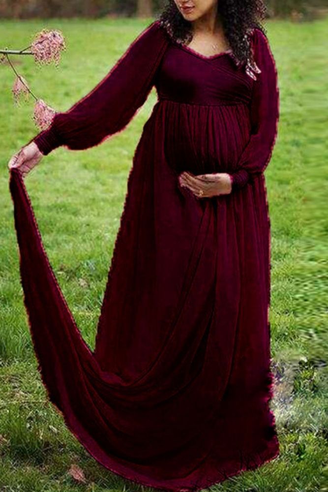 Sexy V Neck Pregnancy Dresses Photography Long Sleeve Wine Red Maxi Gown Chiffon Maternity Dresses for Photo Shoot Baby Shower