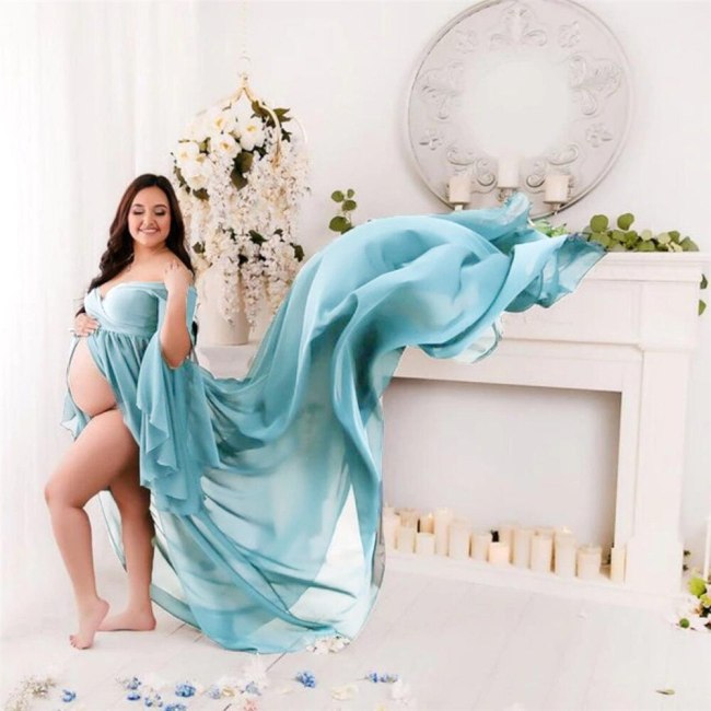 Split Front Maternity Dress for Baby Shower Shoulderless Pregnancy Maxi Gown Dress Photography Pregnant Women Photo Shoot Props