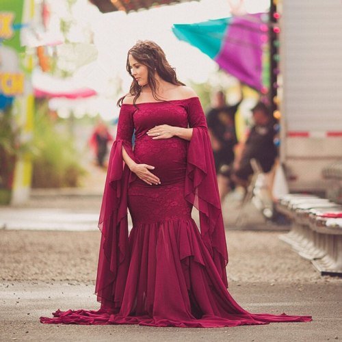Shoulderless Maternity Shoot Dresses Lace Fancy Pregnancy Photography Dress Maxi Maternity Gown For Pregnant Women Photo Prop