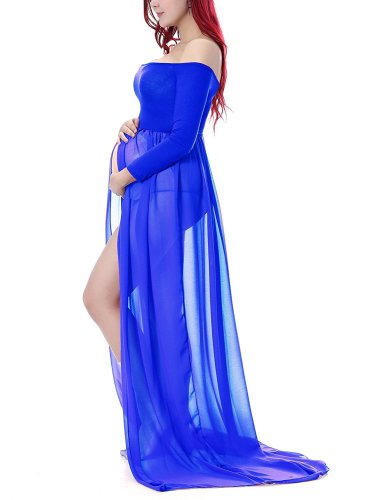 Long Sleeve Pregnancy Dresses Maternity Maxi Tailed Gown Pregnant Women Clothes Boat Neck For Photography Photo Shoot