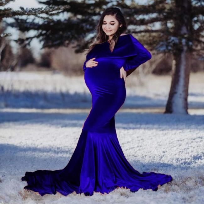 Maternity Long Dress Photography Lurex Gold Velvet Ruffle Collar Fancy Pregnancy Photo Shoot Pregnant New Women Winter Maxi Gown