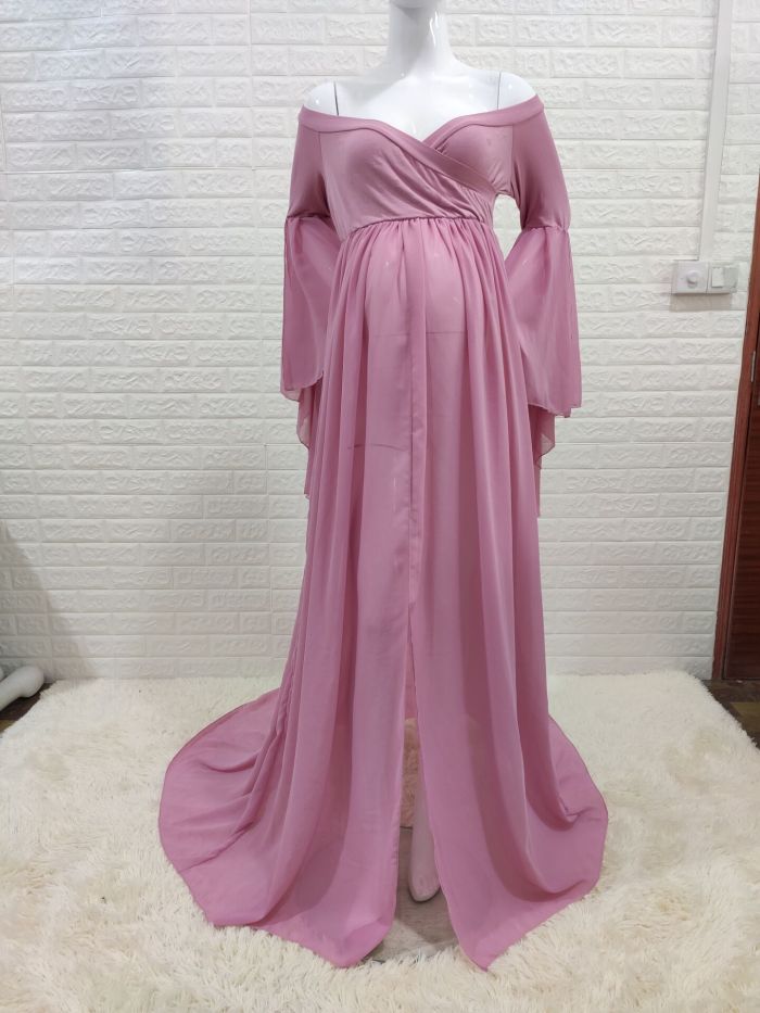 Split Front Maternity Dress for Baby Shower Shoulderless Pregnancy Maxi Gown Dress Photography Pregnant Women Photo Shoot Props