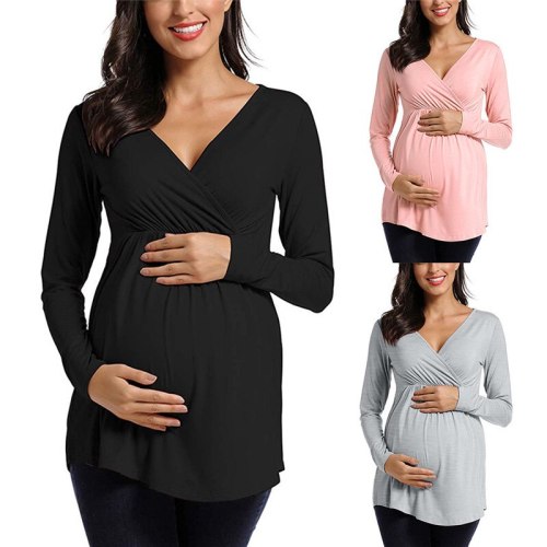 Maternity Clothes Long Sleeve Nursing T-Shirt Breastfeeding Blouse Tops New Pregnant Women Solid Pregnancy Clothings Plus Size