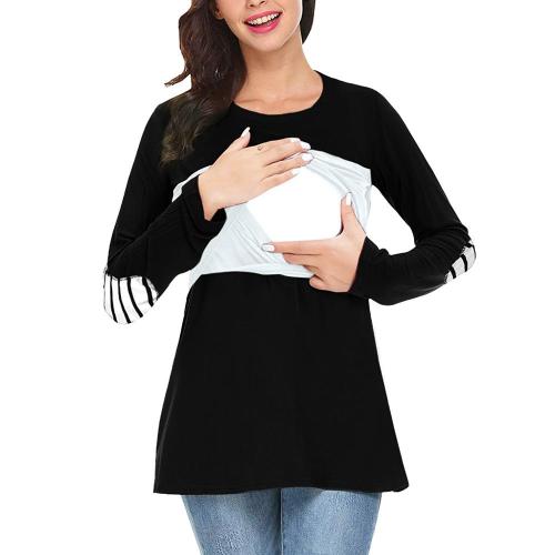 2021 spring new European and American pregnant women solid color stitching long-sleeved breastfeeding top T-shirt