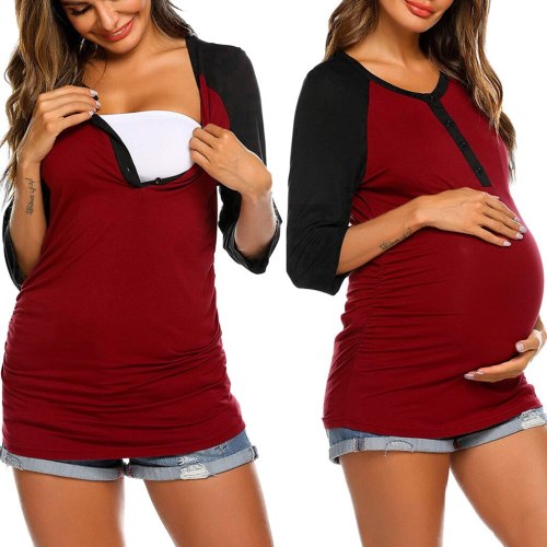 Maternity wear solid color O-neck stitching contrast color three-quarter sleeve women's pregnant women breastfeeding T-shirt top