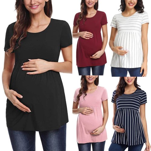 Pregnancy Clothing Summer Fashion Solid Striped Short Sleeve Loose T Shirts Pregnant Breastfeeding Tops Women Maternity Blouse