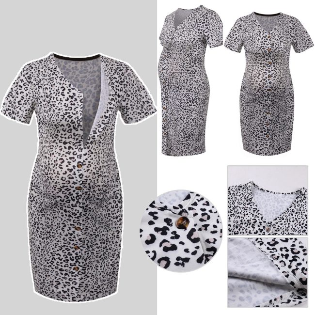2021 Pregnant Women Dresses Maternity Clothes Casual Leopard V-neck Breastfeeding Nursing Dress Pregnancy Clothing robe femme