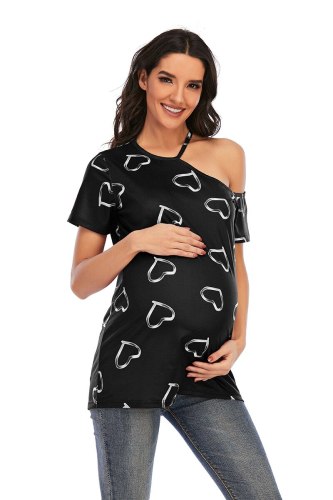New pregnant women's off-shoulder women's love pattern pregnant women short-sleeved plus size maternity T-shirt