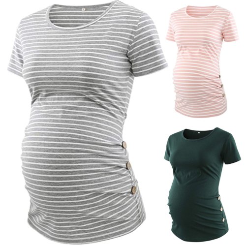 Maternity Clothes Stripe Short Sleeve Pregnancy Solid Casual O-Neck Pregnancy Clothing Maternity Summer Clothes For Women