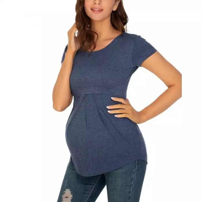 Pregnancy Clothing Summer Fashion Solid Striped Short Sleeve Loose T Shirts Pregnant Breastfeeding Tops Women Maternity Blouse