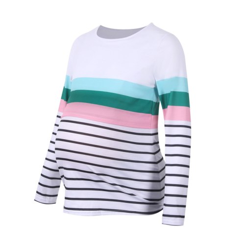 Striped Splicing Breastfeeding T-shirt Maternity Pregnancy Women Long Sleeve Maternity Tops Ladies Pregnancy Round Neck Daily