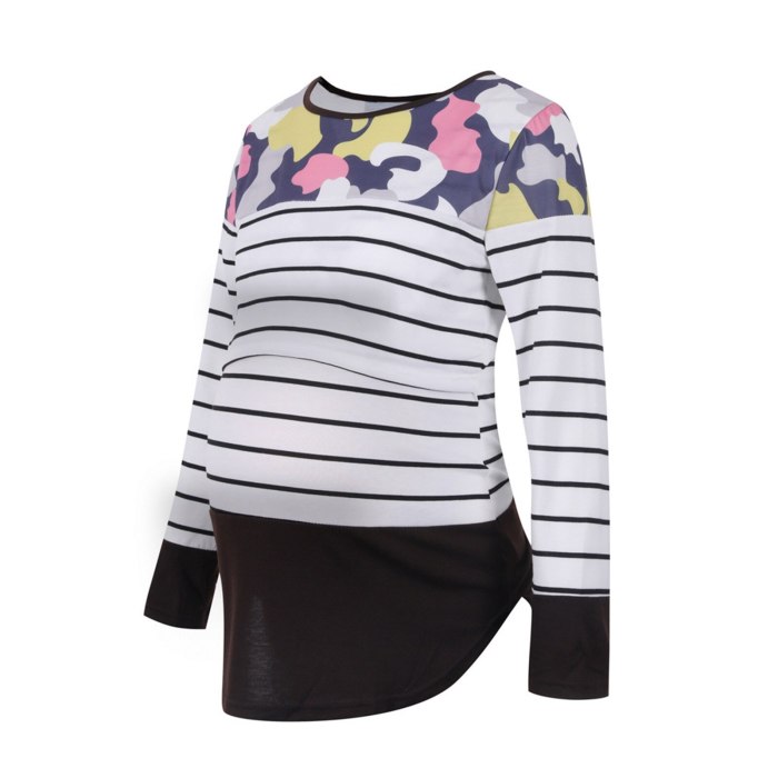 Strip Print Tees For Maternity Wear Long-sleeved Casual Daily Color Matching Breastfeeding T-shirt Nursing Breastfeeding Clothes