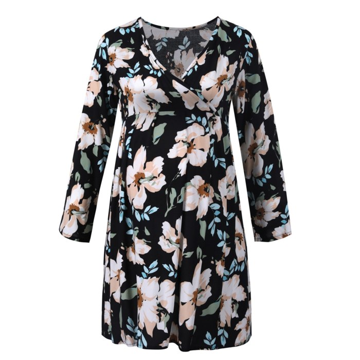 Breastfeeding Clothes Summer Pregnant Women Clothes Pleated Flower Long Sleeve Maternity Casual Dress