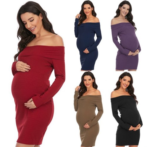 Woman Dress Spring/Autumn New Pregnant Women Dress Solid Color Slash Neck Shoulder Long Sleeve Stitching Dress