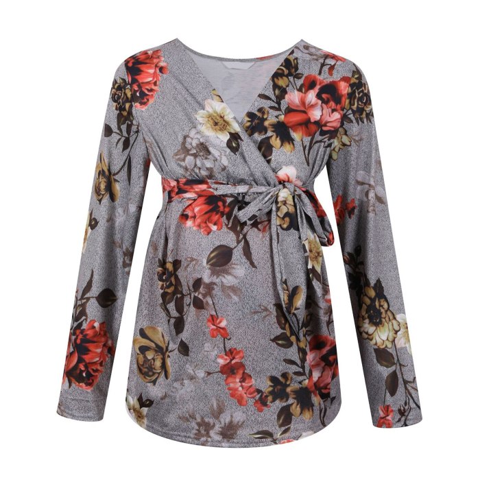 Ruched Floral Women Pregnant Nusring Blouse Maternity V-neck Long Sleeve Ruffles Lace Up Tops Pregnant Women Breastfeeding Tees