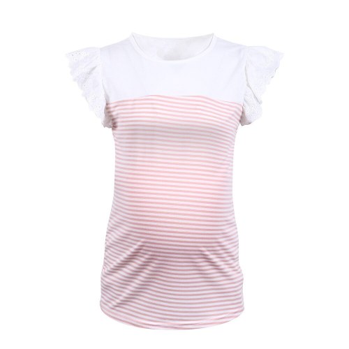 Summer Maternity T-shirt Striped O-neck Casual Shirts for Pregnant Woman 2021 New Ruffle Sleeve Pregnancy Tops Clothes
