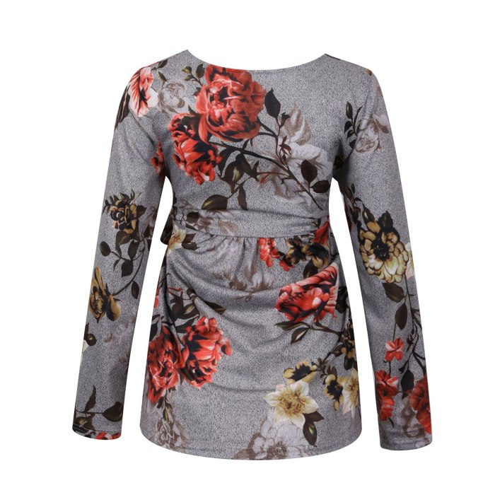 Ruched Floral Women Pregnant Nusring Blouse Maternity V-neck Long Sleeve Ruffles Lace Up Tops Pregnant Women Breastfeeding Tees