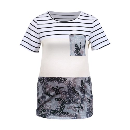 Women's Maternity T-Shirt for Pregnant Women Summer O-Neck Solid Short Sleeve Stripe Camouflage Patchwork Tops Maternity Clothes