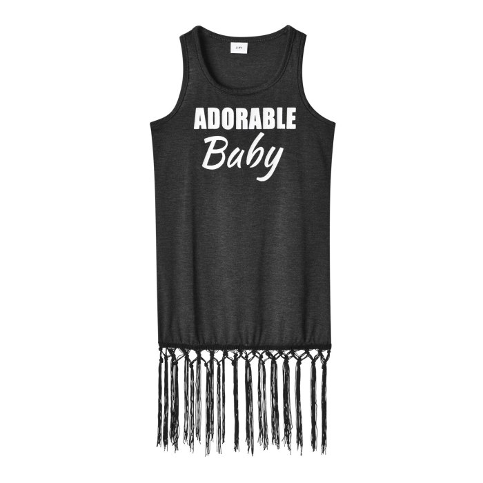 Mommy and Me Summer Dress 2021 New Letter Print Black Dresses for Women Kids Baby Girl Tassel Cotton Family Matching Outfit
