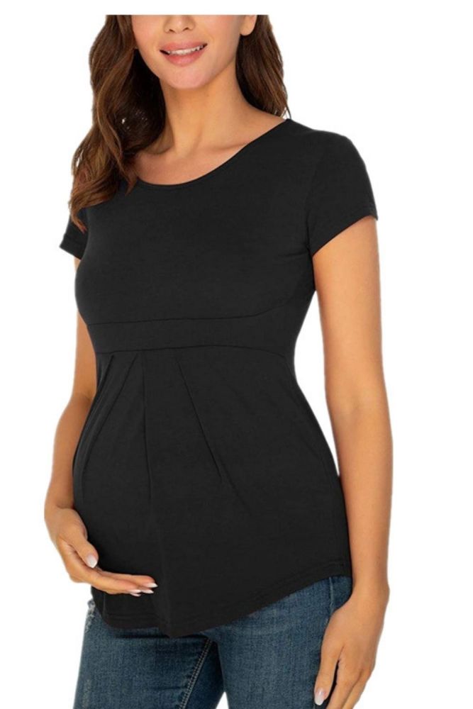 Maternity T-shirt Summer Women Top Round Neck Short Sleeve Ruffle Fold Pregnant Tops Elegant Pregnancy Nursing Shirt Clothes