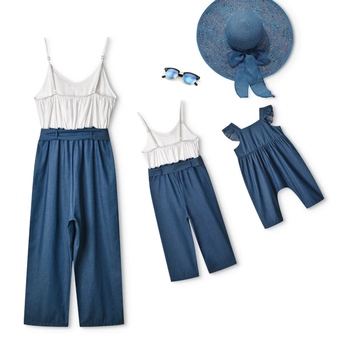Family Matching Outfits Denim Blue Strapless Jumpsuits 2021 New Family Clothing Set Baby Girl Clothes Baby Rompers Toddler Girl