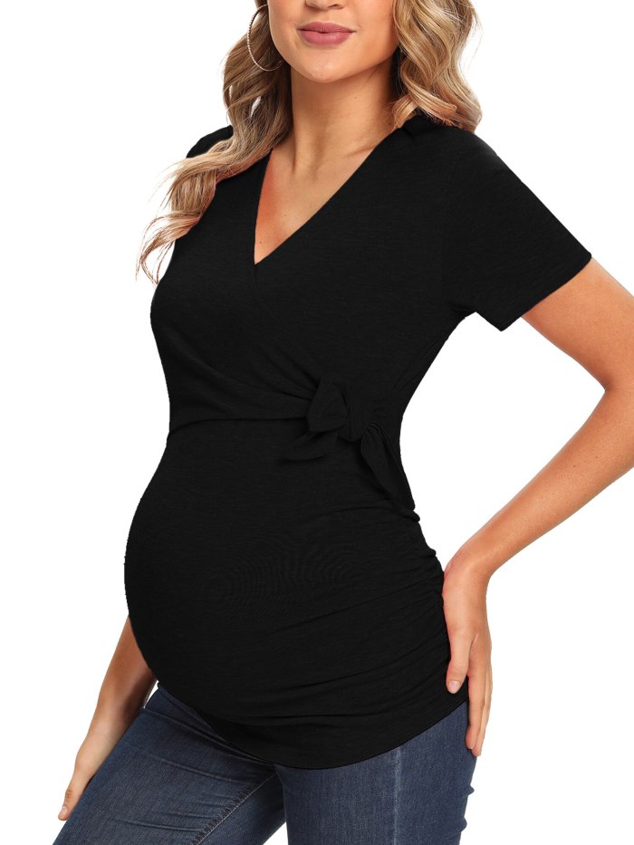 2021 Casual Maternity Tops V Neck Short Sleeve Ruched Pregnancy Shirt Pregnant Clothes Womens Clothing Summer Casual T-Shirt