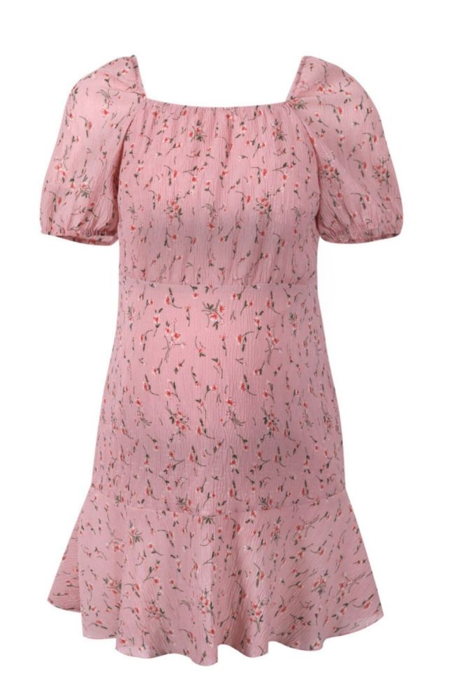 Summer Maternity Dresses Fashion Pleated Short-sleeve Pink Square Collar Pregnancy Clothing Floral Print Maternity Robe Femme