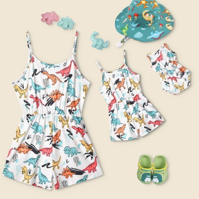 Cartoon Print Mother Daughter Matching Dresses Family Look Mommy and Me Clothes Outfits Mom Mum & Baby Romper Strap dress