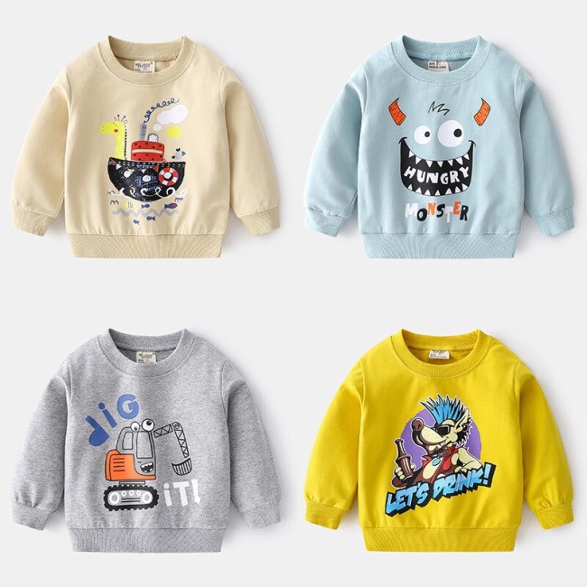 2021 New Spring Autumn Childrens Clothes Boys Cotton Bottoming Shirt Fashion Cartoon Printing Sweater Casual Soft Round Neck Top