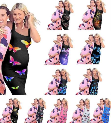 Maternity Dresses Butterfly Printed Pregnant Women's Summer Fashion Print Sleeveless Vest Maternity Dress