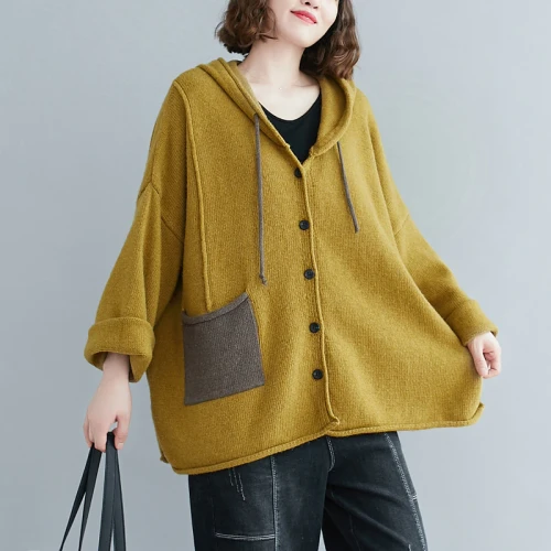 Winter Fall Female Fashion Korean Loose Oversize Literature Art Contrast Color Pocket Knitted Maternity Cardigan Chic Hooded Sweater Women