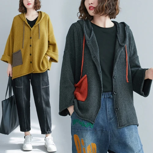 Winter Fall Female Fashion Korean Loose Oversize Literature Art Contrast Color Pocket Knitted Maternity Cardigan Chic Hooded Sweater Women