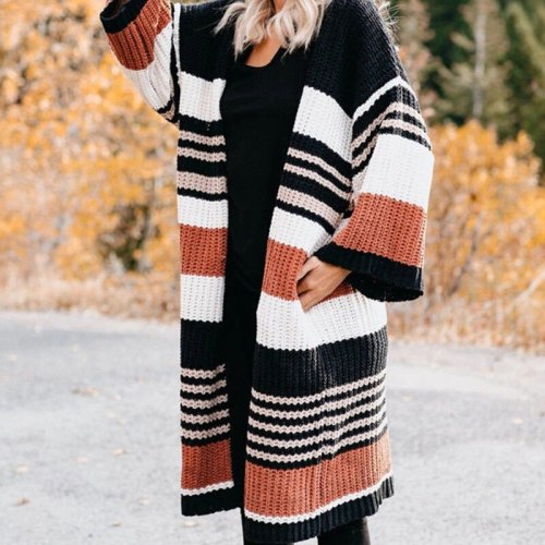 New Pregnant Women Winter Maternity Sweater Cardigans Fashion Three Quarter Sleeve Female Knitted Stripe Color Matching Standard Cardigan Coat